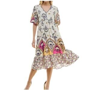 Fig & Flower Printed V-Neck‎ Puff Sleeve Midi Dress Size Medium Linen Blend